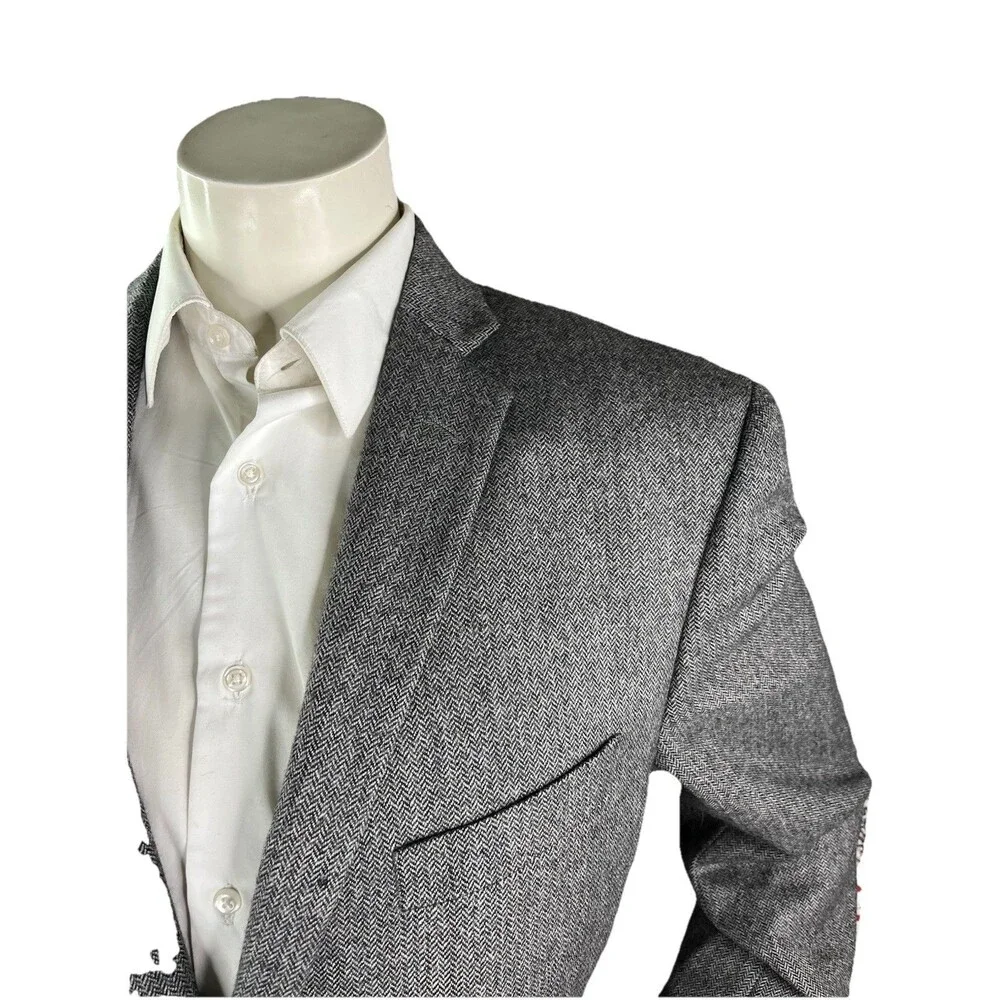 Adolfo Mens 44R Tweed Gray Wool Blazer Jacket Sport Coat Herringbone Lambswool